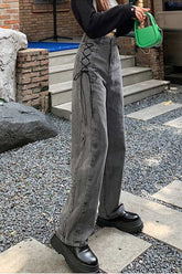 Pantalones vaqueros grises largos con cintura alta y lazo lateral